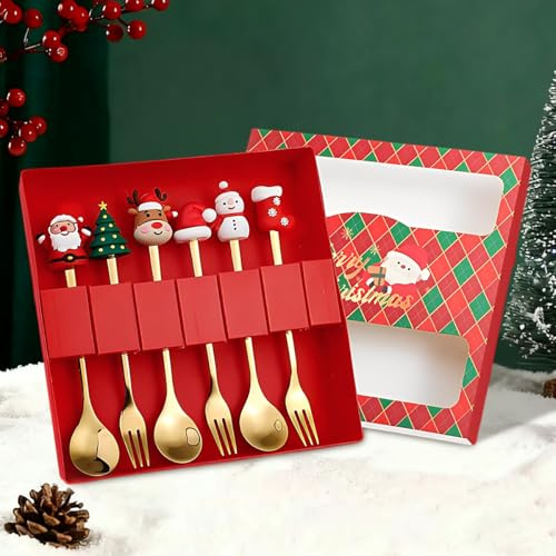 WEFHEF 6 Pcs Couverts Noël en Acier Inox, Cuillère et Fourchette de Noël, Cuillères à Thé Avec Décoration Mignonne 3D, Cuillère à Café et Fourchette à Dessert Doré, pour Fête Cadeau Anniversaire