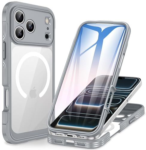 CENHUFO für iPhone 17 Pro Hülle, Kompatibel mit MagSafe Eingebautem 9H Panzerglas Displayschutz und Kameraschutz 360 Grad Schutzhülle Stoßfest Cover Case Magnetisch Handyhülle iPhone 17 Pro - Grau