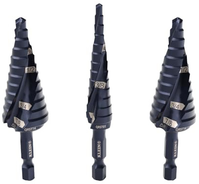 Klein Tools QRST2S Quick-Release Step Bit Set, 3-Piece, Durable Aluminum Titanium Coating, Impact-Rated Hex Shank
