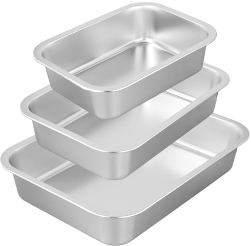 SYUTBOU 3-delad ugnsform rostfritt stål, 27 x 20 x 7, 32 x 22 x 7, 36 x 27 x 7 cm rektangulär bakplåt med handtag, rektangulär bakbricka för ugn, grill, ugnsform