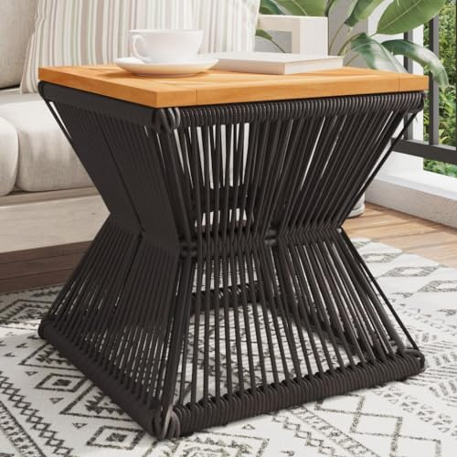HaoChrymec Couchtisch mit Massiver Akazienholzplatte, Modernes Drahtgestell, Kleiner Couchtisch, Loungetisch Outdoor, Beistelltisch Garten, Schwarz, 38x38x38 cm