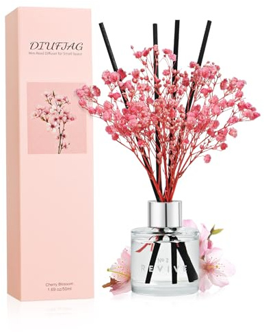 DIUFJAG Körsbärsblomma blommor rumsdoft doftpinnar med 8 pinnar, Home doft Linne Cherry Blossom Reed diffuser luftrenare för sovrum kontor badrum hylla dekor 50 ml