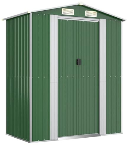 CIOURSTO Caseta de Jardín, Acero Galvanizado, Cobertizo Exterior de Metal con Puertas Correderas y Ventilaciones, para Herramientas de Exterior, 192x108x223 cm (Verde)