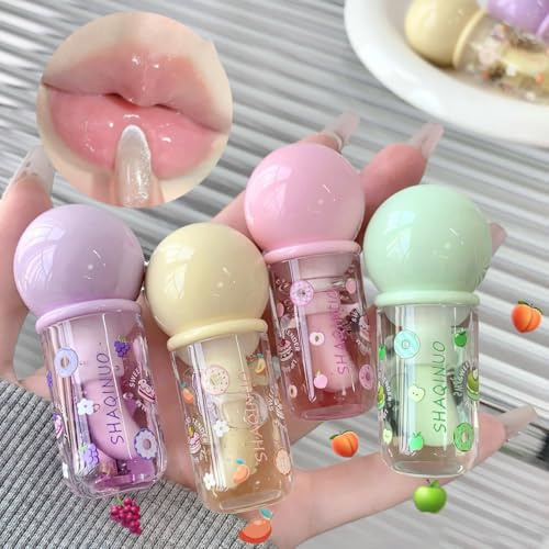 4 Stück Fruity Moisturizing Lippenöl mit großem Pinsel Applikator, Makeup Feuchtigkeitsspendender Hydra Lipgloss, Lip Gloss für Langanhaltend Glossy Pflegende Lippen