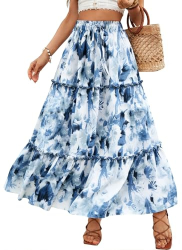 Vossmi Jupe Longue Femme ete Boheme Jupes Maxi Taille Haute Elegant Vintage Elastique Décontractée Plage Skirt Boheme Vacances Jupe à Fleurs D'été
