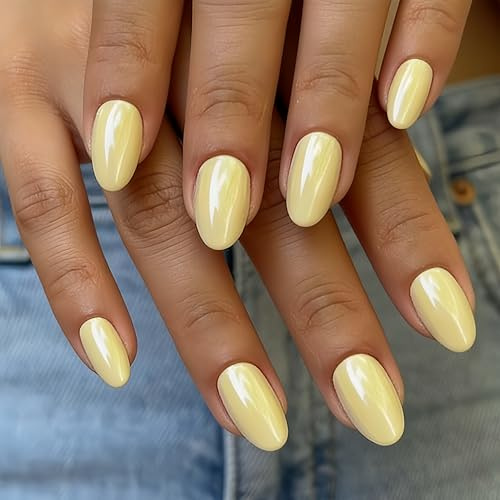 KQueenest Chrome Press On Nails Short Oval, Glazed Light Yellow False Nails Almond, High Shine Gel Fake Nails Press ons for Women Salon Quality Manicure in 16 Sizes - 32 Stick On Nail Kit