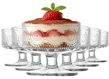 TOLASTO Coupes à Dessert en Verre Lot de 6, Verrines en Verre 180 ml avec Pied, Bols à Dessert Vintage Transparent pour Glace, Tiramisu, Mousse, Sundae, Salade de Fruits, Pudding et Apéritif