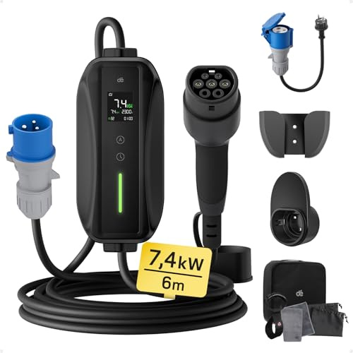 dé Elektrisk billaddare P17 [7,4 kW, 1-fas, 6m, 6A/10A/16A/20A/24A/32A] typ 2 CEE-uttag laddare EV mobil/väggladdare med digital skärm