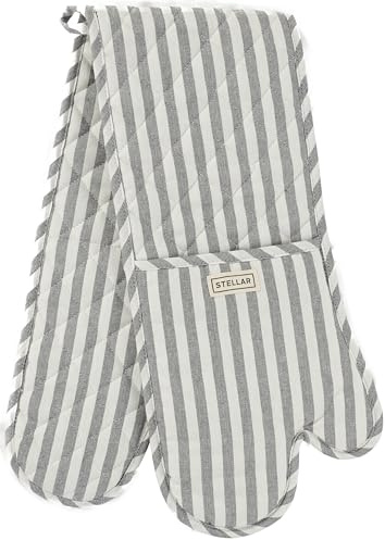 Stellar Textiles 98cm Double Oven Glove Grey Stripe - Heat Resistant Long Double Oven Mitt for Safe Handling of Hot Trays, Roasting Dishes & Bakeware, Durable Kitchen Protection