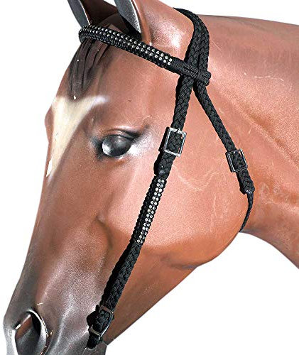 HILASON Black Horse Trense Halfter Flach Geflochten Paracord Kristall | für Pferde Western Halfter