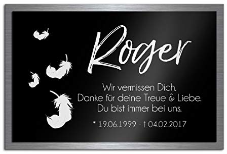 Premium Tier Grabstein aus edlem Hochglanz Acrylglas und Edelstahl | 100% witterungsbeständig Grabplatte mit Foto Bild Text Gravur 30x20 cm Gedenktafel für Haustiere Hund Katze mit über 40 Motiven