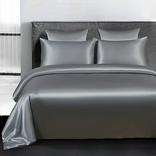 Omela Bettwäsche Satin 155x220 Grau Einfarbig Glatt Glänzend Bettbezug mit Reißverschluss 2 Teilig 100% Glanzsatin Polyester Sommerbettwäsche Set Kissenbezug 80x80 cm