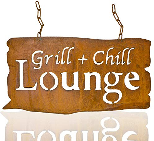 Metall Tafel Grill und Chill Lounge Rost aufhängen Schriftzug Garten Frühling Spruch rostig Edelrost L45 cm B2S BACK2SEASON