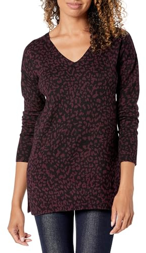 Amazon Essentials Jersey Tipo Túnica Ligero de Manga Larga y Cuello en Pico (Disponible en Tallas Grandes) Mujer, Negro Estampado de Animales, L