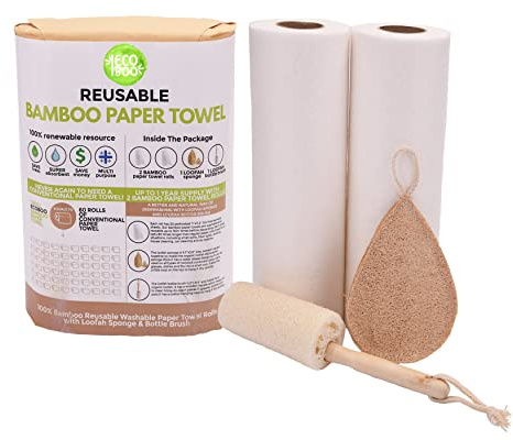 Bamboo Rayon Paper Towels | Washable Reusable Paper Towels, 2 Rolls,(40 Sheets)1 Year Supply & Loofah Sponge & Dish Scrub Brush | Eco Friendly Paper Towel Alternative | Zero Waste Gift Set
