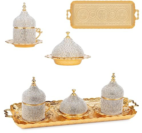 Alisveristime Lale Crystal Türkisches Kaffeeservice mit 2 Tassen und Tablett (Gold)