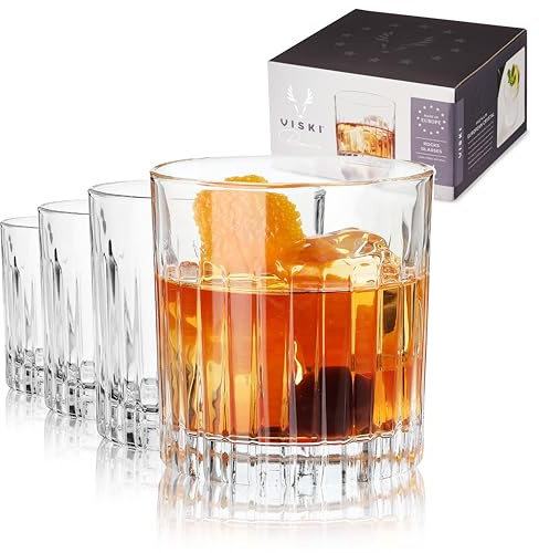 Viski Reserve Milo Crystal Old Fashioned Rocks Glasses, European Crafted Whiskey Glasses for Bourbon, Scotch, Cocktails, Barware Gifts for Men, Man Cave Essentials, Home Bar Glassware, 12 oz, Set of 4