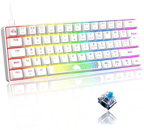 LEAVEN T60 60% Porcentaje Blanco Teclado Mecanico Gaming Compacto Mini TKL Azul Switch RGB Rainbow Retroiluminado Keyboard QWERTY Ergonomía Retro Accesorios para Gamer MInicraft PC Mac PC Ordenador