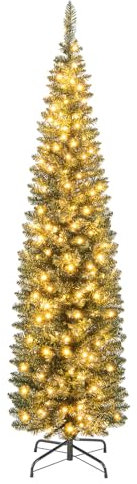 COSTWAY 5FT/6FT Pre-Lit Artificial Christmas Tree, Slim Pencil Xmas Tree with 320/420 Branch Tips, 150/180 Warm-White LED Lights and Foldable Metal Stand, Indoor Festive Holiday Party Decor(6FT)