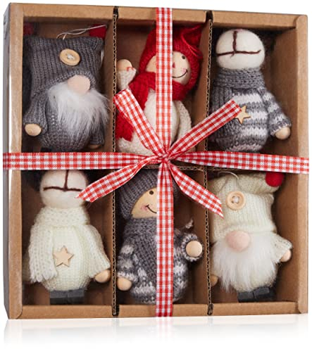BRUBAKER Set 6 Pezzi Figure di Natale in Legno e Maglia - Albero Ciondolo Renne Gnomi Inverno Bambini - Grande Ciondolo di Natale - 9-10 cm - in Confezione Regalo