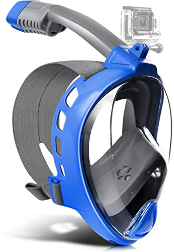 Odoland Masque Plongée Intégral,Masque Snorkeling 180° Vue Panoramique avec Support Caméra, Anti Fuite et Anti Buée Masque avec Tuba Dry Top, Accessoires Plongée pour Adulte Adolescent,Bleu foncé L/XL