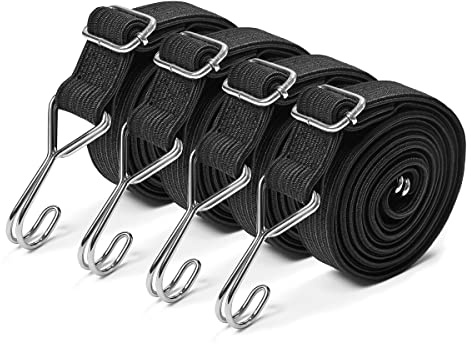 Yorkmills Bungee Cords with Hooks, 4 Pack 120cm Heavy Duty bungee straps with hooks, Adjustable Rubber Rope with Metal Buckle, Extra Strong Flat Elastic Straps for Luggage Roof Racks Moving Cargo
