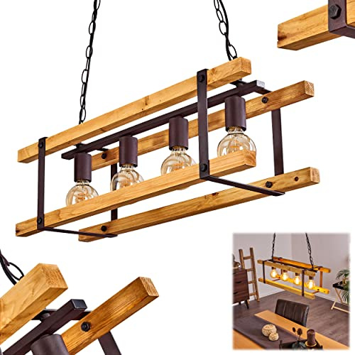 HOFSTEIN Pendelleuchte Maladera, Hängelampe aus Metall/Holz in Rostfarben/Natur im Retro/Vintage-Design, Hängeleuchte mit Holzbalken und Kettengliedern, Höhe max. 124 cm, 4-flammig, 4 x E27 max. 40W