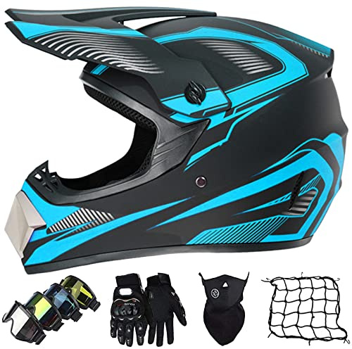 Casco Motocross Niño, ECE Homologado Casco de Moto Infantil, Cross Integral Enduro Infantil para Mujer Hombre Adultos Casco de Descenso con Gafas Máscara Guantes Red de Casco -Carcasa ABS