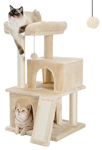PETEPELA Katzenbaum, 86cm Kratzbaum, Kratzbäume Katzenmöbel | mit Sisal-Seil Kratzstamm, Plüsch Liege , 2 Höhlen, Spielhaus Spielzeug für Katzen Beige