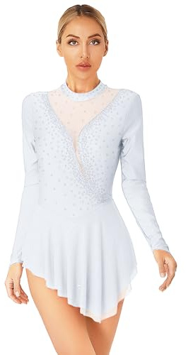 winying Damen Eiskunstlauf Kleid Glitzer Ballettkleid Ballettanzug Langarm Gymnastikbody Turnanzug Tanzkleid Wettbewerb Kostüm
