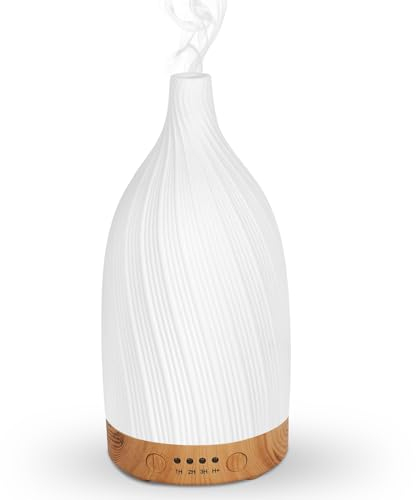 Aroma Diffuser, GuKKK Weiß Keramik Diffusor für Ätherische Öle, Aromatherapie Düfte Luftbefeuchter mit Einstellbarem Nebelmodus, 7 Farben LED, Timer-Einstellung, für Schlafzimmer, Yoga, Büro (100ml)