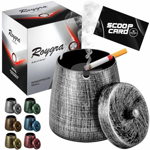 roygra Ash Tray with Lid, Outdoor Ashtray for Outside Patio, Smokeless Metal Ashtrays for Cigarettes with 3 Holder, Smoking Accessories, Home Décor, Ashtrays for Smokers Indoor - Black, Small