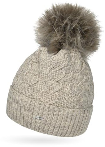 Neverless® Damen Strick-Mütze Fell-Bommel Kunstfell Bommelmütze Fleece-Futter Herz-Strickmuster Umschlag Hellbeige Unisize