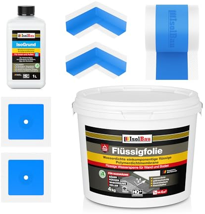 Isolbau Dicht-Set - Inkl. 1x Flüssigfolie (4 kg), 1x Isogrund (1 L), 1x Dichtband (5 m), 2x Innenecken & 2x Manschetten