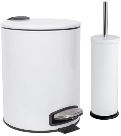 Harbour Housewares 5L Bathroom Bin & Brush Set - White - 2pc Round Stainless Steel Pedal Bin & Toilet Brush Set Slim Small Trashcan for Kitchen Waste, Bathroom Rubbish