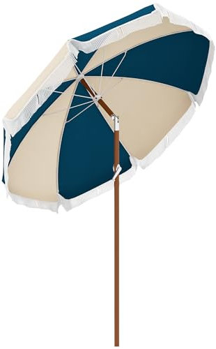 Outsunny Parasol droit parasol inclinable parasol de jardin rond Ø 213 cm avec franges polyester haute densité anti-UV mât démontable 8 baleines - style vintage - bleu et beige