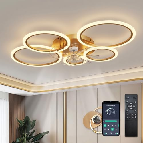 ycwdcz Deckenleuchte mit Ventilator und Fernbedienung, Ring Deckenventilator mit Beleuchtung Leise, Dimmbar, 6 Stufen, DC Motor, Winterbetrieb, Moderne Ventilator Lampe Decke, Gold