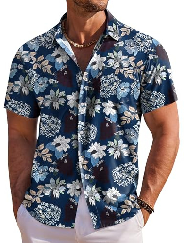 COOFANDY Hawaii-skjorta, herrskjorta, kortärmad sommarskjorta, män, fritidsskjortor, blommor, semester, strandskjorta, normal passform, Blå blomma, L