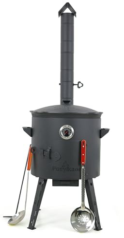 Utschak Feuerofen mit Thermometer Gusseisen Topf Kazan runder Boden mit Deckel (12 L) Schaumlöffel 48 cm Schöpfkelle 48 KazanoFF, Учаг, Feuerschale, Camping, Kazan, Gulaschkanone Dutch Oven (Set 3)