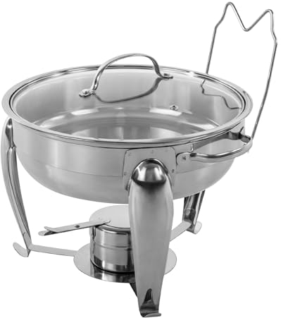 4L Runder Speisenwärmer mit Glasdeckel und Löffel - Edelstahl Chafing Dish Set für Buffet, Catering und Party - Brennpaste zum Essen Warmhalten Behälter - Wärmebehälter Essen