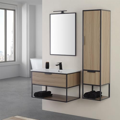 Mobile bagno sospeso 80 cm nero stile industrial con cassettone in legno, lavabo, specchio e pensile abbinato, BAKETO