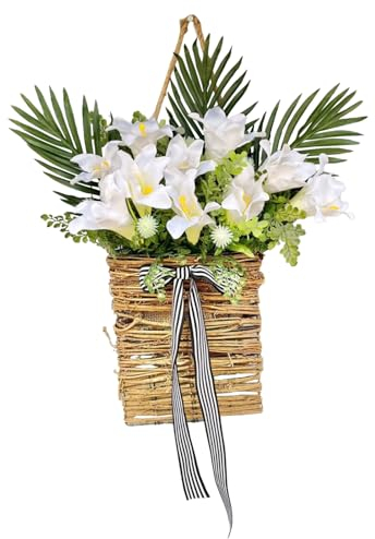 ZHDOKA 13 Zoll Künstlicher Lilien-Blumenkorb-Kranz, Frühlings-Sommer-weißer Lilien-Blumenkorb mit Grünen Blättern, Willkommensschild-Kranz an der Haustür für Veranda, Bauernhaus, Hochzeit, Zuhause, Wa