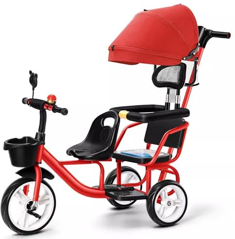 Twin Stroller Trike for Kids,Tricycle Stroller,Two-Seater Pedal Bicycle with Spacious Rear Adjustable Seat/Removable Rear Push Handle/Enlarged Pedals,Red,Style 4