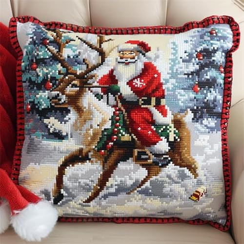 DIY Coussin Point de Croix Noël Coussin à Broder Artisanal 45X45cm Coussin Brodé avec Fil et Aiguille à Broder Décoration Point de Croix Complet Broderie Pré-imprimé DIY pour Adulte la Chambre