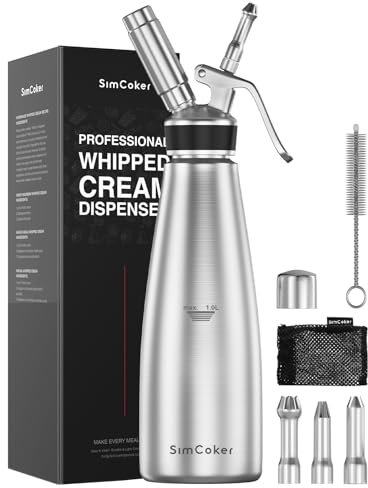 SimCoker Dispenser professionale per panna montata, 1000 ml, in acciaio inox, set con 3 ugelli decorativi, 1 pennello, 1 custodia, macchina per panna montata senza caricabatterie N2O