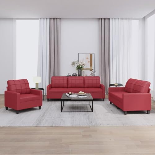 Homgoday 3-TLG. Sofagarnitur mit Kissen Wohnzimmersofa Loungesofa Sofa Couch mit Rückenlehne Gästesofa Polstersofa Couchgarnitur Sitzmöbel für Wohnzimmer Schlafzimmer BüroWeinrot Kunstleder