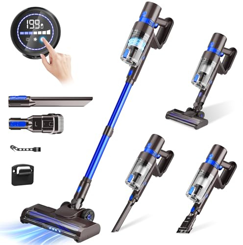 KCLASO Cordless Vacuum Cleaner, 550W 45KPA 50Min Vacuum Cleaners for Home, Self-Standing Stick Vacuum with Touch Screen, 3 Power Modes, Rechargeable Battery, Handheld Vacuum for Pet Hair/Carpet/Floor