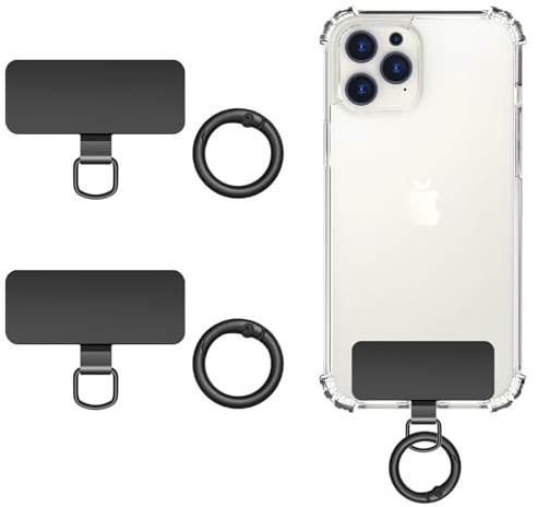 MoKo 2pcs Phone Tether Tab, Stainless Steel Cell Phone Lanyard Pads, Phone Strap Replacement Part with 2pcs Spring Rings, Phone Strap Connector Tether Tabs for Most Full Coverage Phone Cases, Black