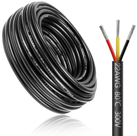 LightingWill 98.4FT/30M 22AWG 3x0.3mm² Electrical Wire 3 Core Cable, 22 Gauge 5V/12V/24V/240V/300V Low Voltage Extension Cable, Tinned Copper Wires, Flexible Cable High Temperature Resistant