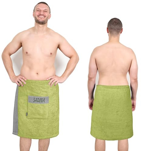 Lashuma Saunakilt Herren 55x140 cm | Lima Saunahandtuch mit Klettverschluss | Premium Saunatuch Grün - Salbeigrün | Flauschig & Bestickt